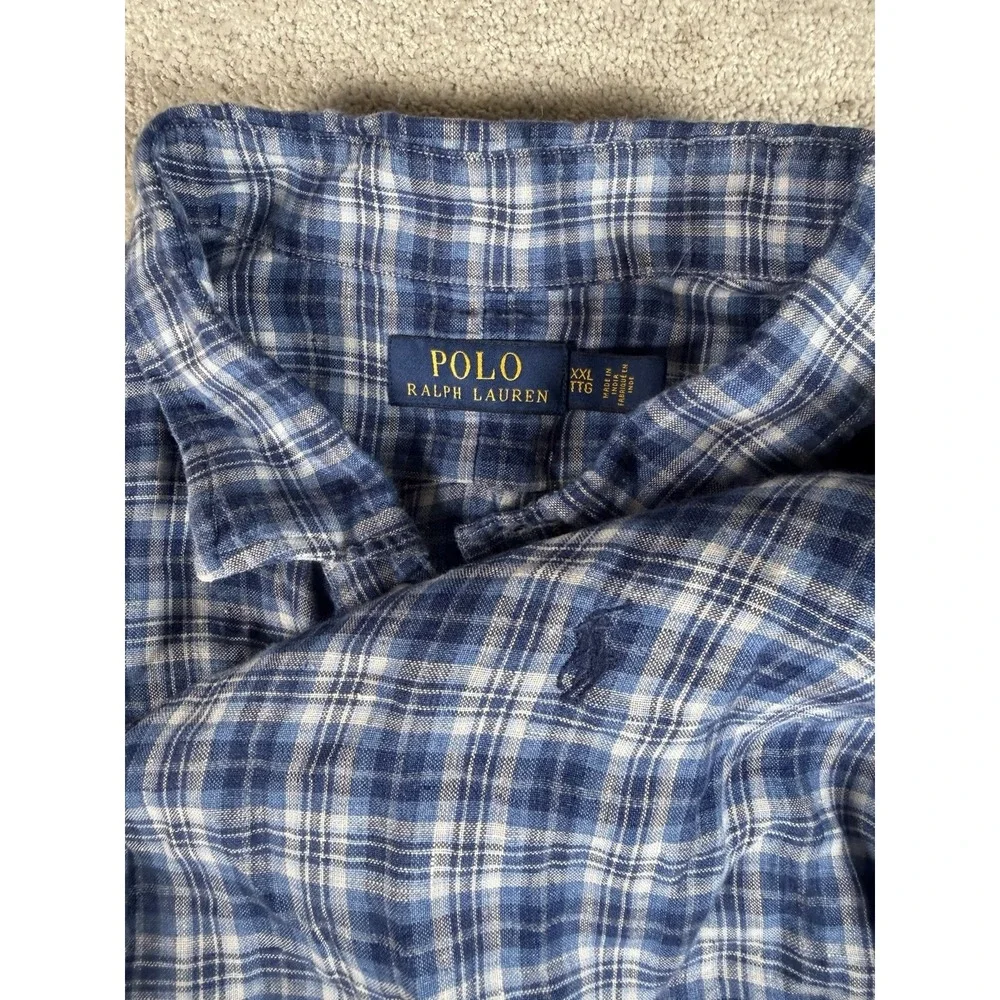 Polo Ralph Lauren Blue Plaid Linen Button Shirt Mens 2XL L/S Pony Preppy Resort*